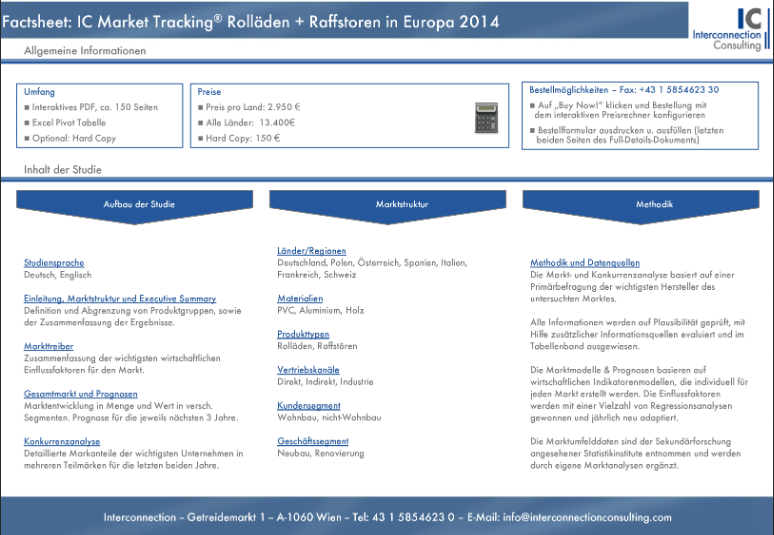 Die Marktstudie IC Market Tracking Rollläden und Raffstoren analysiert den Markt für Außenjalousien. Sie erhalten eine detallierte Marktanalyse für den Gesamtmarkt und aufgesplittet nach Segmenten. Die Branchenstudie bietet einen Bericht zum Gesamtmarkt und umfassende Analysen, Fakten und Daten zu verschiedenen Segmenten, zum Vertriebskanalmix und umfassende Konkurrenzanalyse der Hersteller.